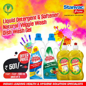 Stanfresh Natural Veggie Wash -1Ltr, Liquid Detergent & Softener - 1Ltr &  Dishwash Gel - Lemon Neem 500ml (Pack of 2)