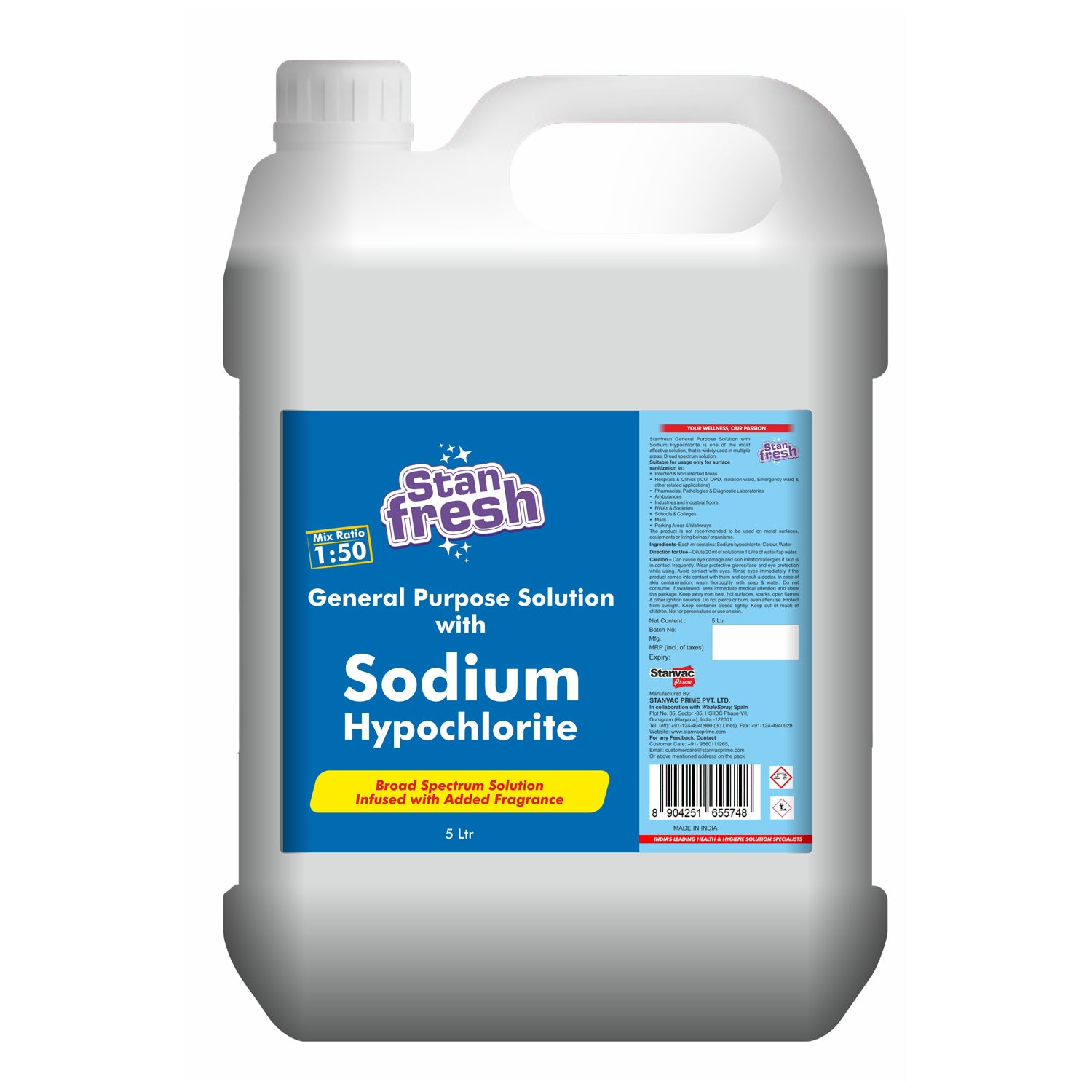 GENERAL PURPOSE SOLUTION WITH SODIUM HYPOCHLORITE 5 LTR. Stanvac Prime